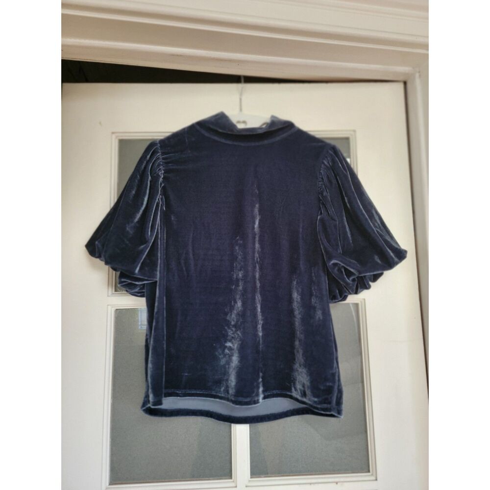 Free People Claudia Velvet Mock Neck Puff Sleeve Top Blue Slate Small